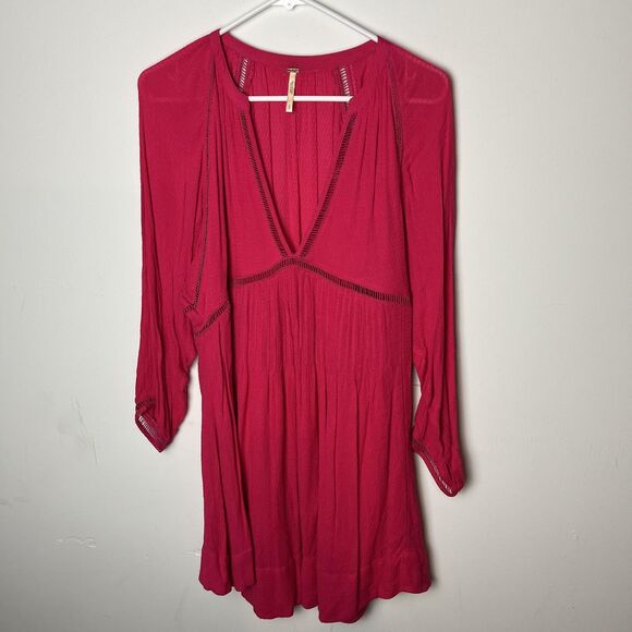 Free People Dress Womens Small Pink Boho Peasant Deep V Long Sleeve Tunic Lace - Picture 1 of 6